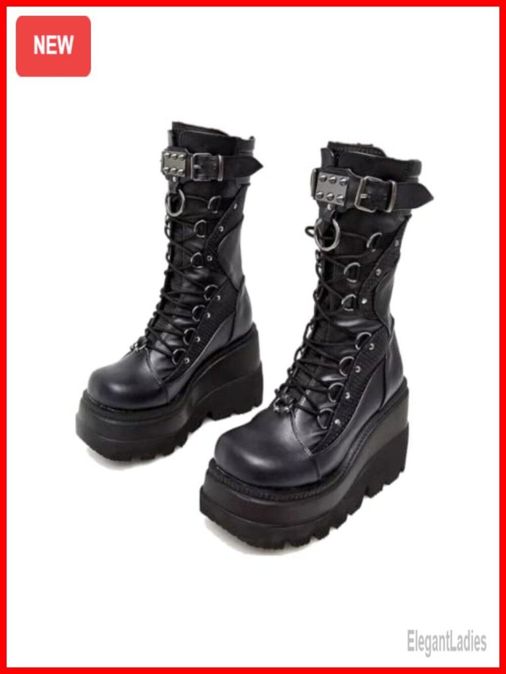 Womens Platform Mid Calf Combat Boots PU Leather Lace-Up Zipper Round Toe